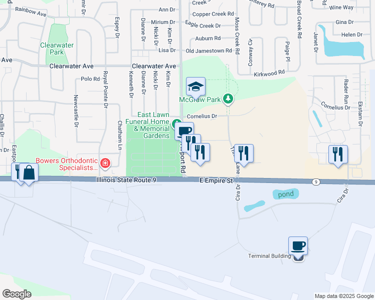 map of restaurants, bars, coffee shops, grocery stores, and more near 1101 Airport Road in Bloomington