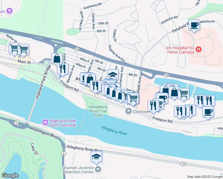 map of restaurants, bars, coffee shops, grocery stores, and more near 204 Brilliant Avenue in Pittsburgh