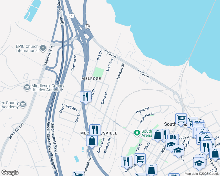 map of restaurants, bars, coffee shops, grocery stores, and more near 220 Raritan Street in South Amboy