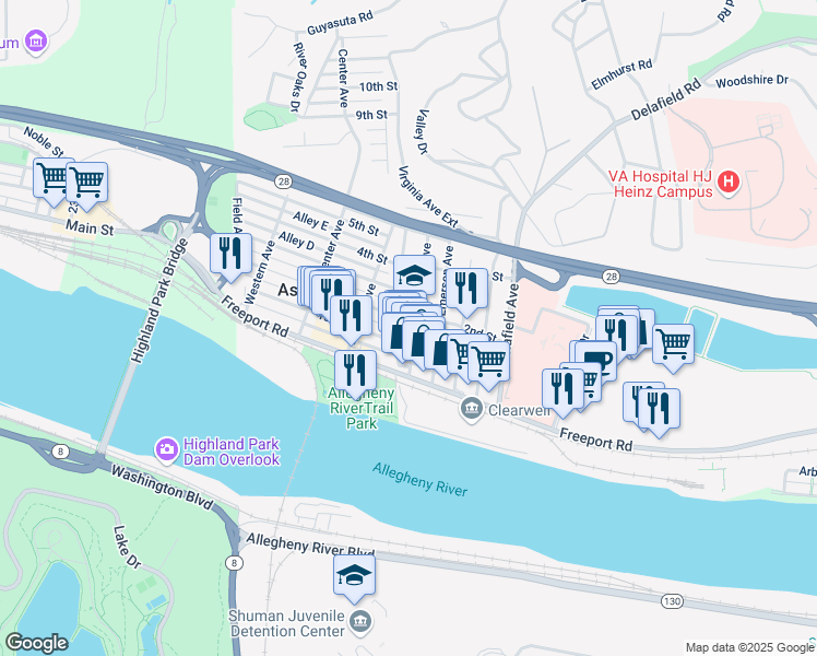 map of restaurants, bars, coffee shops, grocery stores, and more near 204 Brilliant Avenue in Pittsburgh