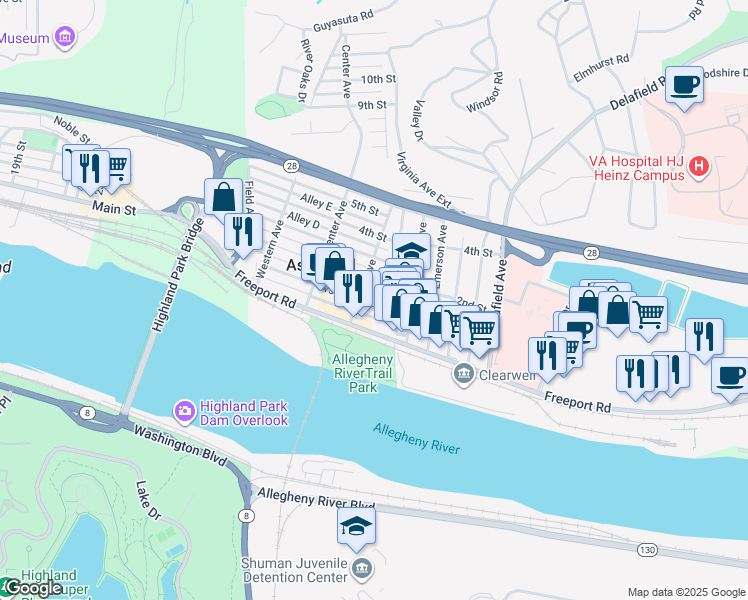 map of restaurants, bars, coffee shops, grocery stores, and more near 315 2nd Street in Aspinwall