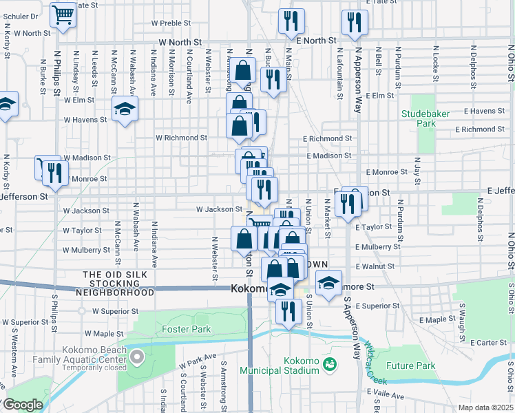 map of restaurants, bars, coffee shops, grocery stores, and more near 200-298 W Jefferson St in Kokomo