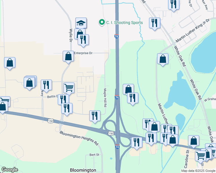 map of restaurants, bars, coffee shops, grocery stores, and more near 1026 Maple Hill Road in Bloomington