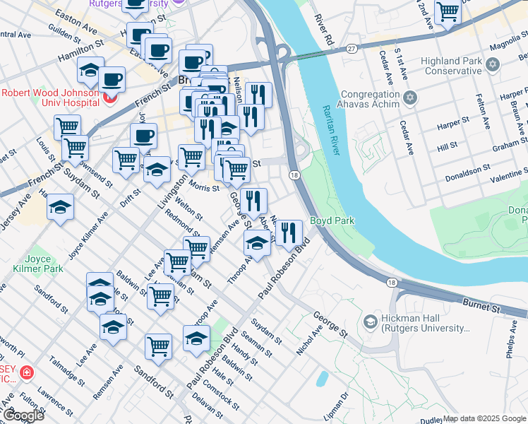 map of restaurants, bars, coffee shops, grocery stores, and more near 50 Neilson Street in New Brunswick