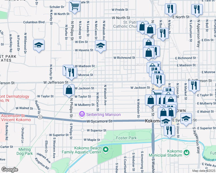map of restaurants, bars, coffee shops, grocery stores, and more near 814 West Jackson Street in Kokomo