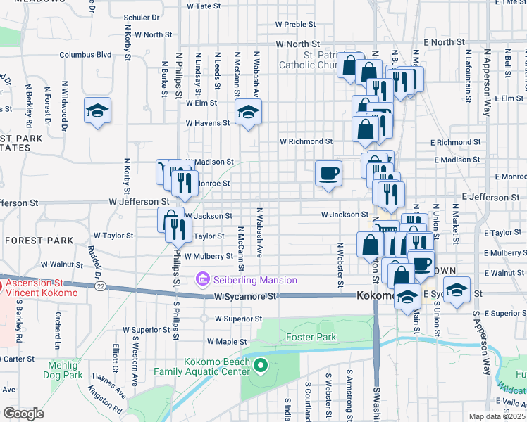 map of restaurants, bars, coffee shops, grocery stores, and more near 818 West Jackson Street in Kokomo