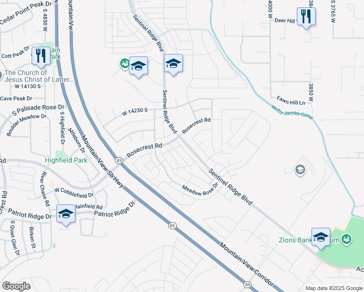 map of restaurants, bars, coffee shops, grocery stores, and more near 14353 South Ashburn Way in Riverton