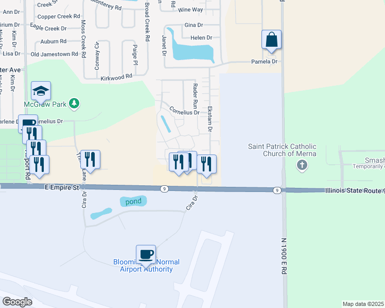 map of restaurants, bars, coffee shops, grocery stores, and more near 1016 Haeffele Way in Bloomington