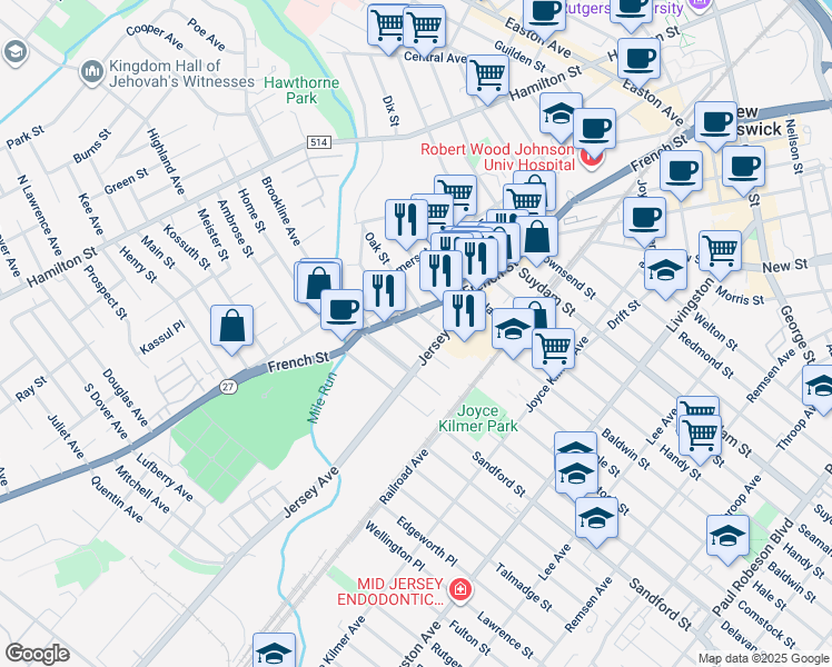 map of restaurants, bars, coffee shops, grocery stores, and more near 201 French Street in New Brunswick