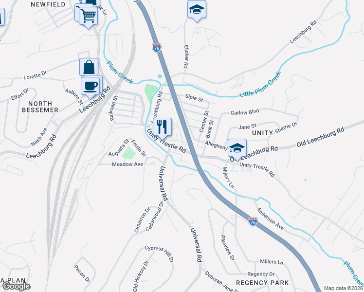 map of restaurants, bars, coffee shops, grocery stores, and more near 217 Unity Trestle Road in Plum