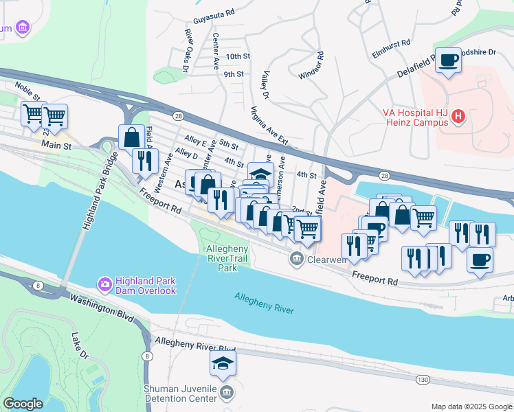 map of restaurants, bars, coffee shops, grocery stores, and more near 204 Brilliant Avenue in Pittsburgh