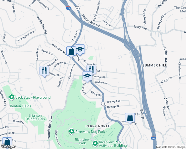 map of restaurants, bars, coffee shops, grocery stores, and more near 44 Waldorf Street in Pittsburgh