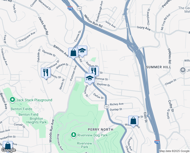 map of restaurants, bars, coffee shops, grocery stores, and more near 44 Waldorf Street in Pittsburgh