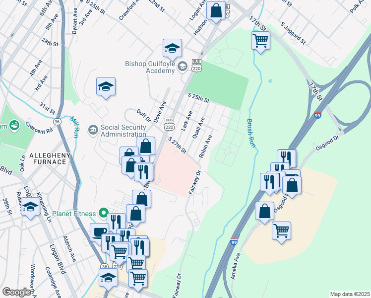 map of restaurants, bars, coffee shops, grocery stores, and more near 2619-23 Lark Ave in Altoona
