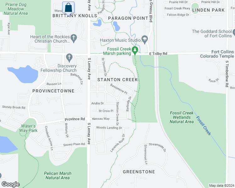 map of restaurants, bars, coffee shops, grocery stores, and more near 6833 Tortola Way in Fort Collins