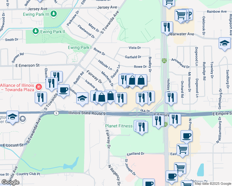 map of restaurants, bars, coffee shops, grocery stores, and more near 312 Mecherle Drive in Bloomington