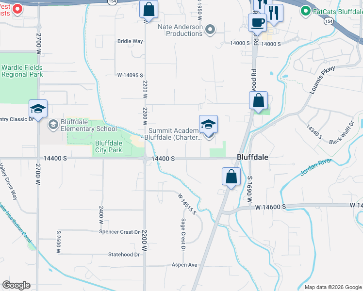 map of restaurants, bars, coffee shops, grocery stores, and more near 14358 South Heritage View Cove in Riverton