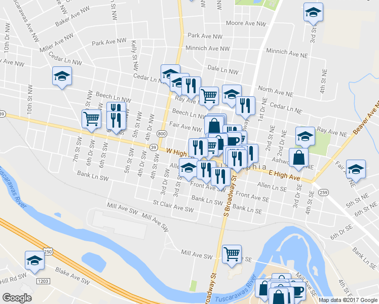 map of restaurants, bars, coffee shops, grocery stores, and more near 261 W High Ave in New Philadelphia