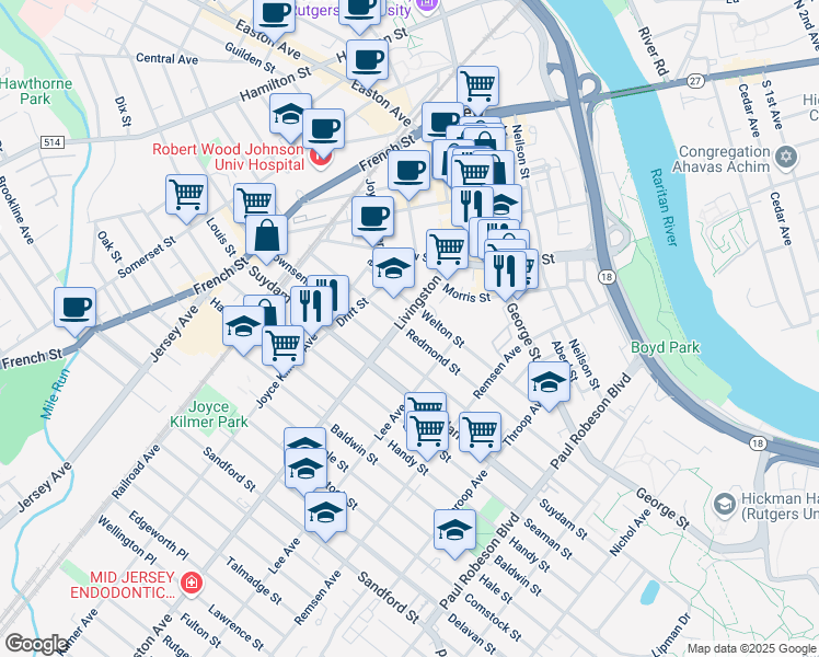 map of restaurants, bars, coffee shops, grocery stores, and more near 86 Livingston Avenue in New Brunswick