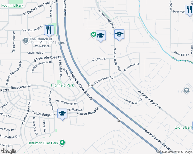 map of restaurants, bars, coffee shops, grocery stores, and more near 14342 South Dusty Meadows Circle in Herriman