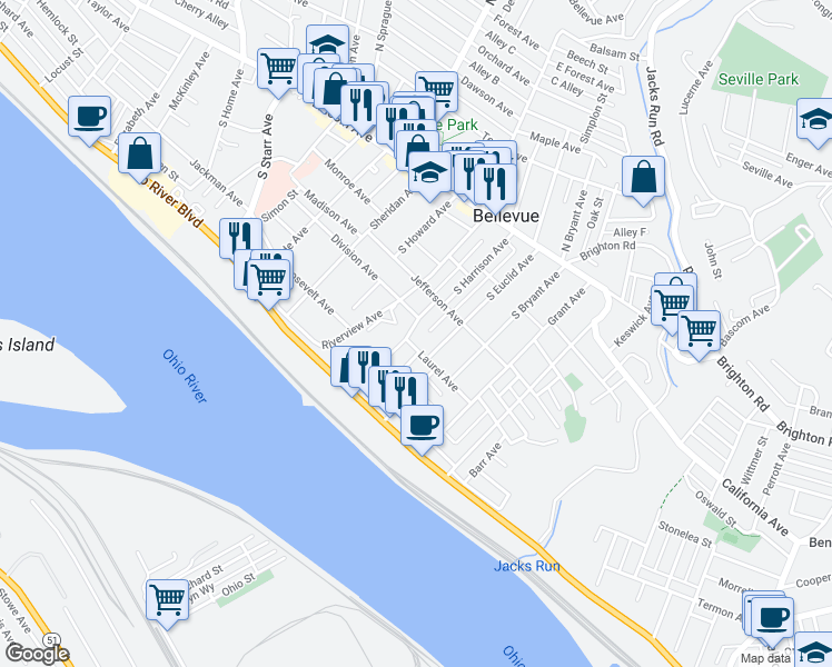 map of restaurants, bars, coffee shops, grocery stores, and more near 133 Spring Avenue in Pittsburgh
