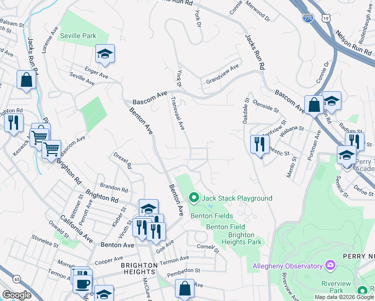 map of restaurants, bars, coffee shops, grocery stores, and more near 65 Transvaal Avenue in Pittsburgh