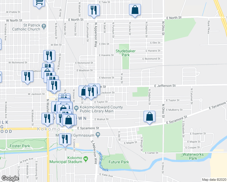 map of restaurants, bars, coffee shops, grocery stores, and more near 626 East Jackson Street in Kokomo