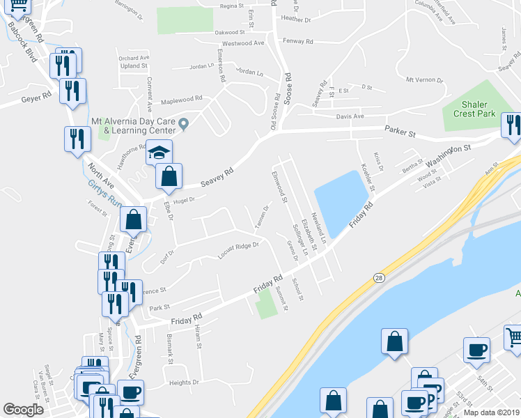 map of restaurants, bars, coffee shops, grocery stores, and more near 106 Locust Ridge Drive in Pittsburgh