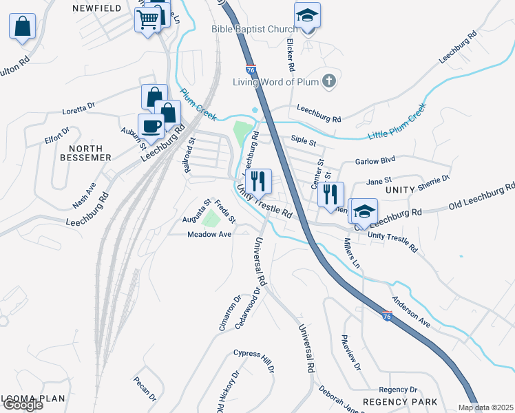map of restaurants, bars, coffee shops, grocery stores, and more near 215 Unity Trestle Road in Plum