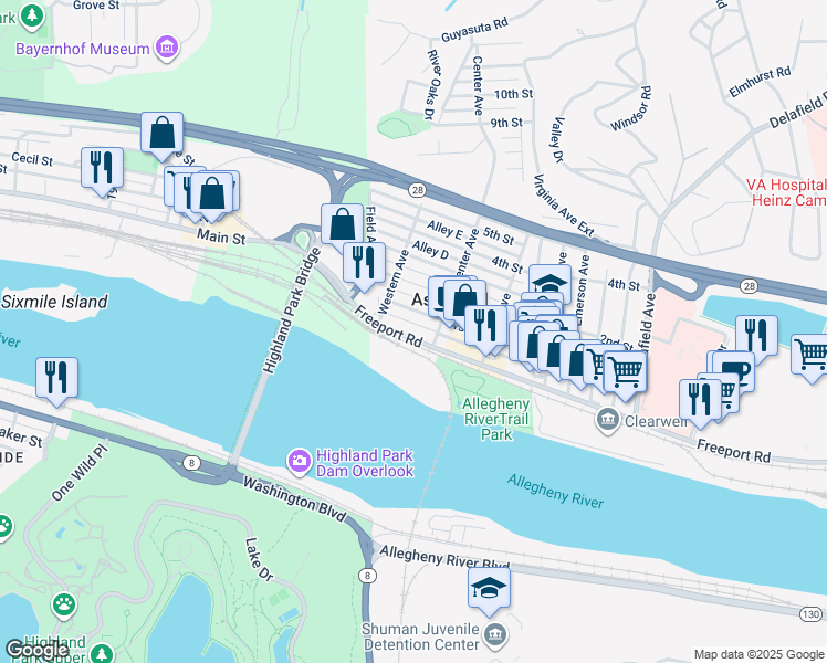 map of restaurants, bars, coffee shops, grocery stores, and more near 118 1st Street in Aspinwall