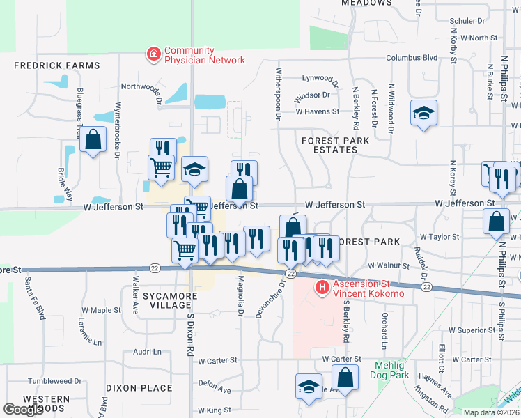 map of restaurants, bars, coffee shops, grocery stores, and more near 2000 West Jefferson Street in Kokomo