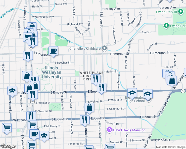 map of restaurants, bars, coffee shops, grocery stores, and more near 31 White Place in Bloomington