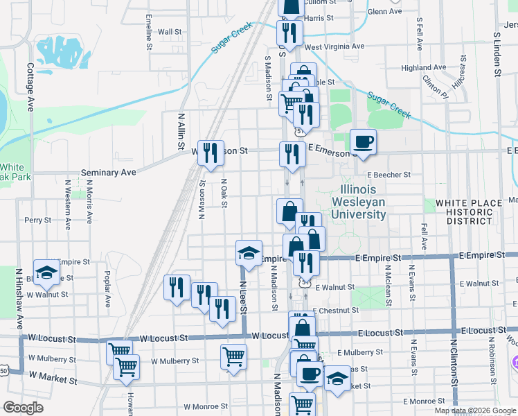 map of restaurants, bars, coffee shops, grocery stores, and more near 306 Union Street in Bloomington