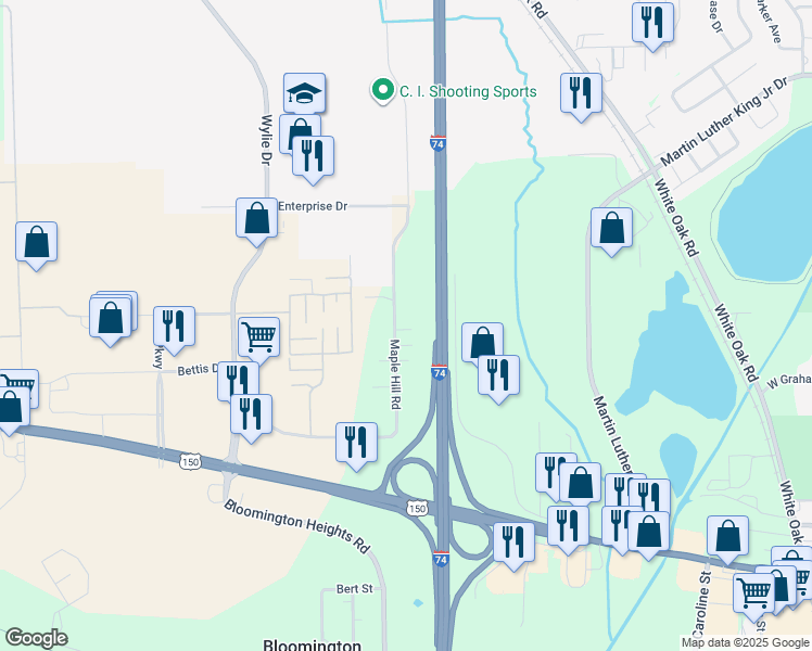 map of restaurants, bars, coffee shops, grocery stores, and more near 1026 Maple Hill Road in Bloomington