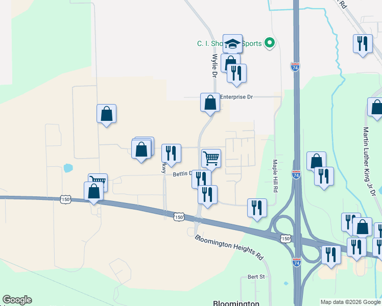 map of restaurants, bars, coffee shops, grocery stores, and more near in Bloomington