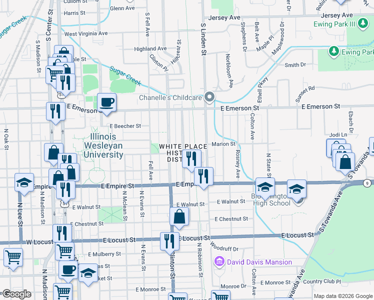 map of restaurants, bars, coffee shops, grocery stores, and more near 31 White Place in Bloomington