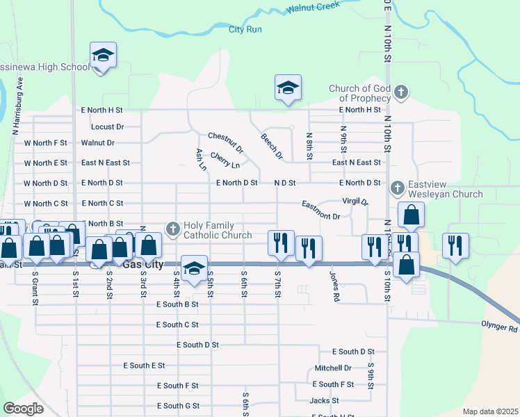 map of restaurants, bars, coffee shops, grocery stores, and more near 617 East North C Street in Gas City