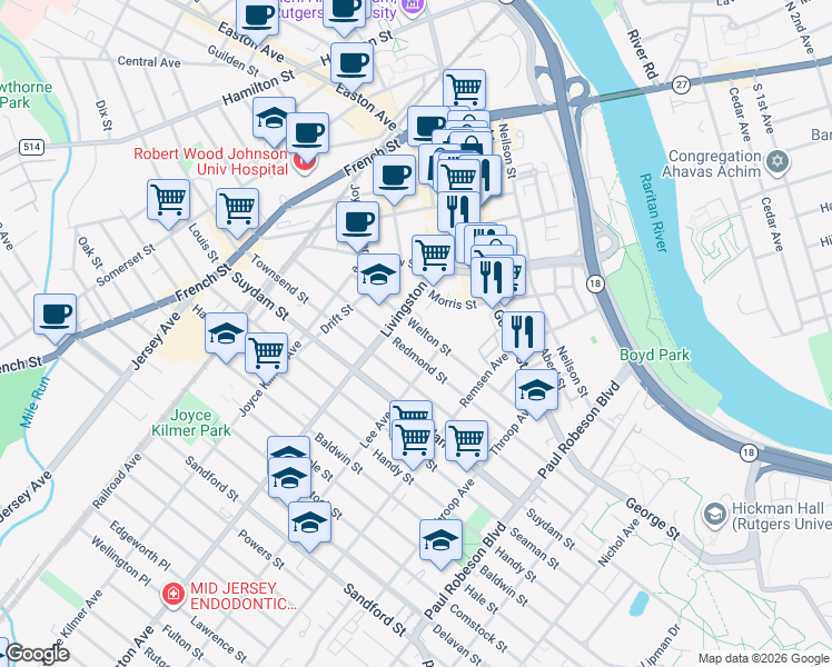 map of restaurants, bars, coffee shops, grocery stores, and more near 70 Morris Street in New Brunswick