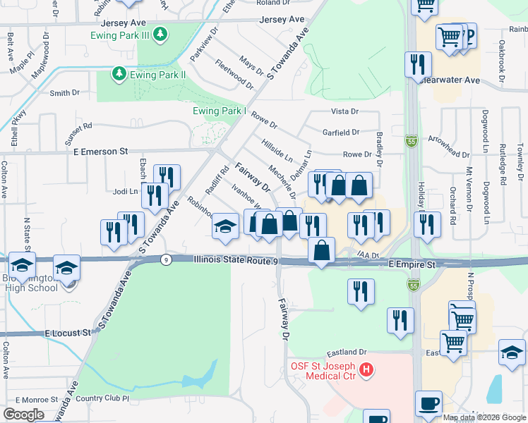 map of restaurants, bars, coffee shops, grocery stores, and more near 218 Ivanhoe Way in Bloomington