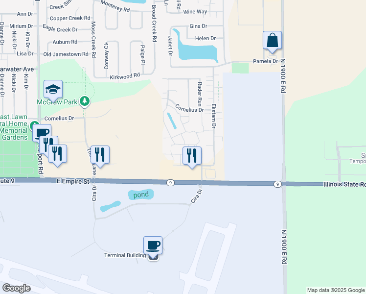 map of restaurants, bars, coffee shops, grocery stores, and more near 1008 Blue Heron Way in Bloomington
