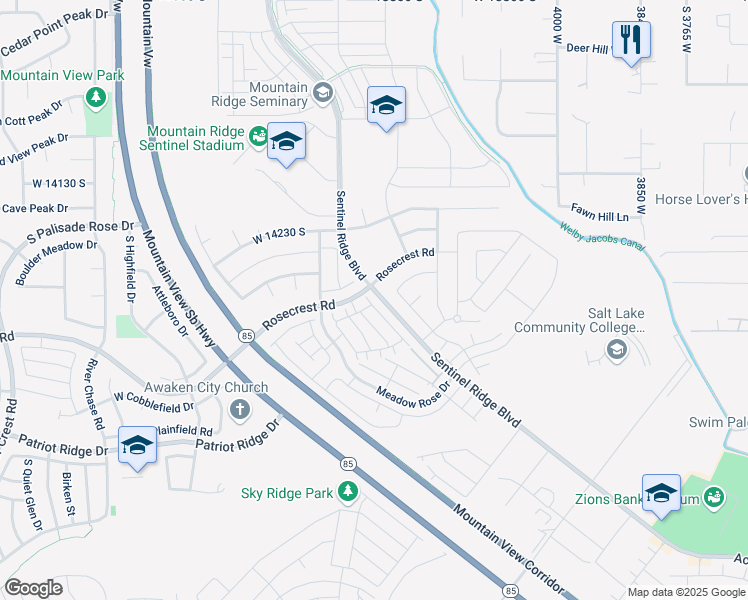map of restaurants, bars, coffee shops, grocery stores, and more near 14347 Cobden Court in Riverton