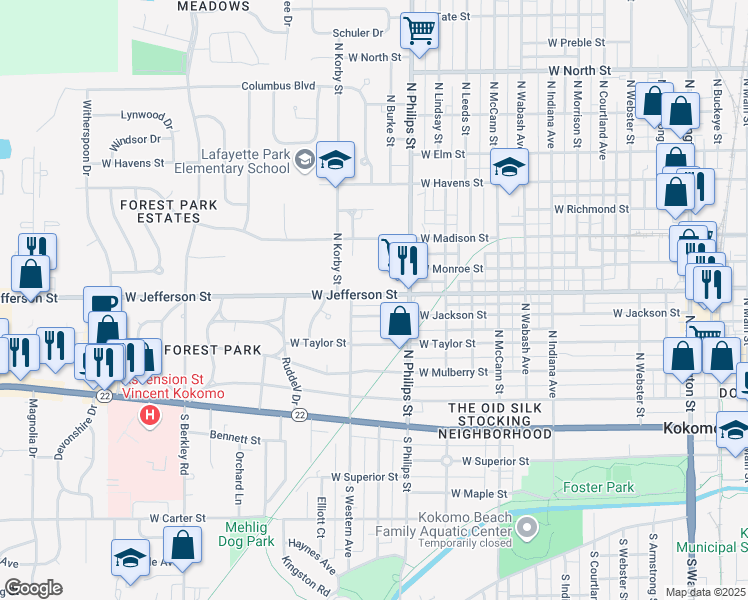 map of restaurants, bars, coffee shops, grocery stores, and more near 1401 West Jefferson Street in Kokomo