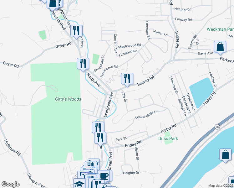 map of restaurants, bars, coffee shops, grocery stores, and more near 1010 Hansen Street in Pittsburgh