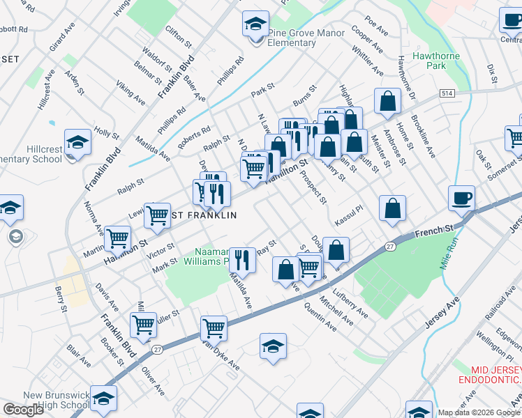 map of restaurants, bars, coffee shops, grocery stores, and more near 700 Hamilton Street in Franklin Township