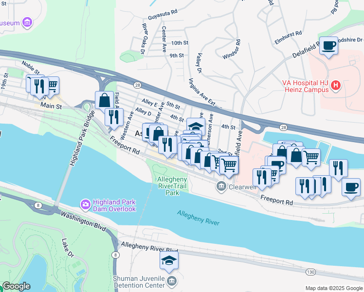 map of restaurants, bars, coffee shops, grocery stores, and more near 315 2nd Street in Aspinwall