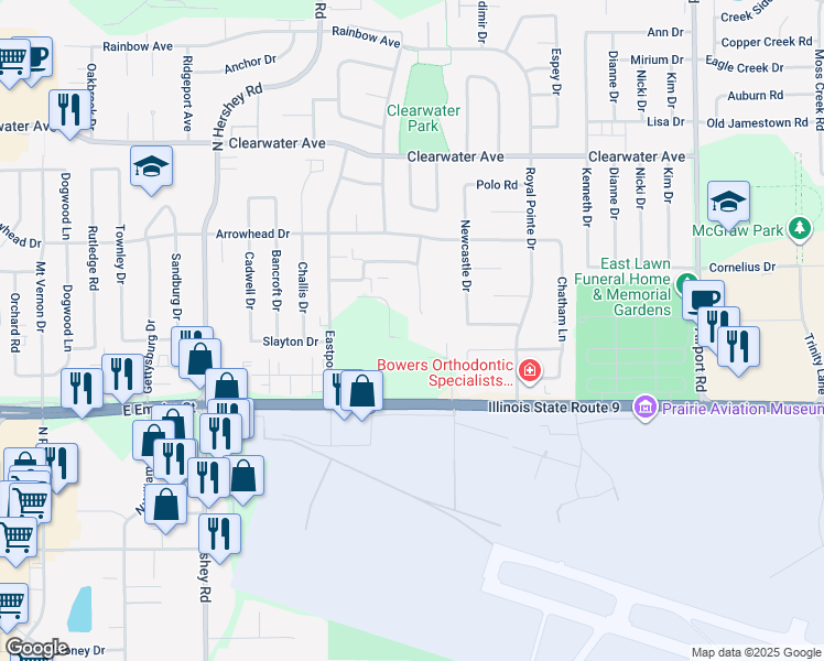 map of restaurants, bars, coffee shops, grocery stores, and more near 4 Christopher Way in Bloomington