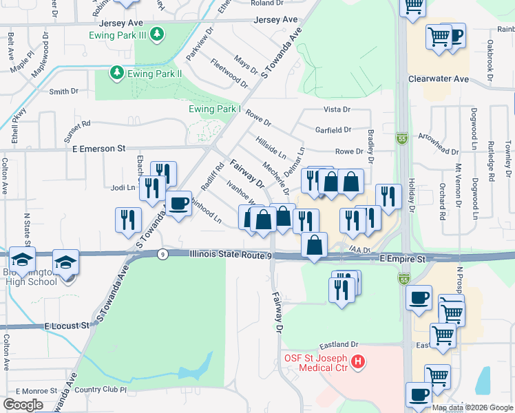 map of restaurants, bars, coffee shops, grocery stores, and more near 218 Ivanhoe Way in Bloomington