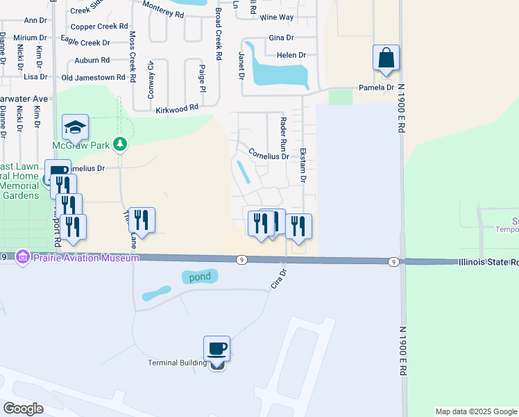 map of restaurants, bars, coffee shops, grocery stores, and more near 1008 Blue Heron Way in Bloomington