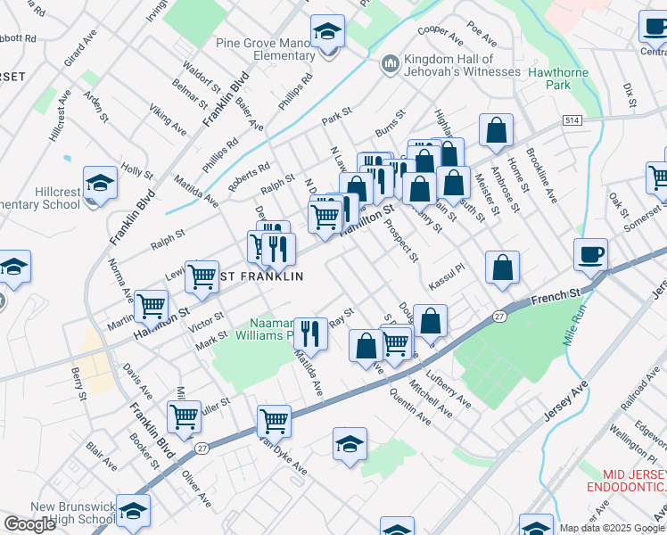 map of restaurants, bars, coffee shops, grocery stores, and more near 700 Hamilton Street in Franklin Township