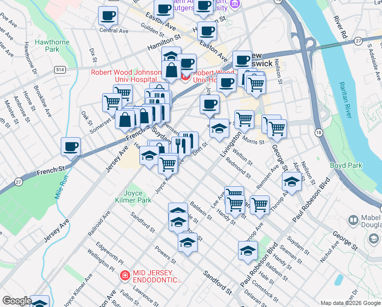 map of restaurants, bars, coffee shops, grocery stores, and more near 70 Joyce Kilmer Avenue in New Brunswick